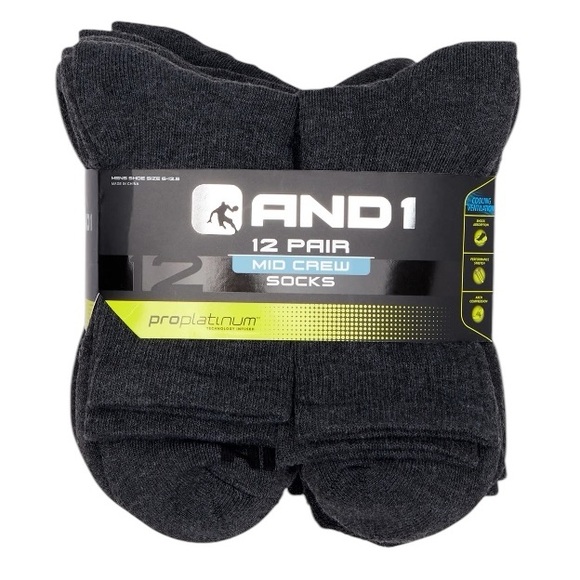 AND1 - Men's Cushion Mid Crew Sock,12 Pack Performance socks - Shoe size: 6-12.5 - Picture 1 of 2